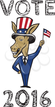 Illustration of a democrat donkey mascot of the democratic grand old party gop smiling looking to the side with one hand on hip and the other waving american usa flag up wearing american stars and str
