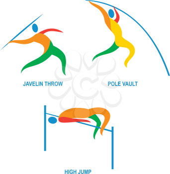 Icon illustration showing athlete playing the sport of track and field, javelin throw, pole vault, high jump. 