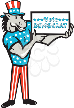 Illustration of a democrat donkey mascot of the democratic grand old party gop wearing American stars and stripes flag clothes and hat standing presenting holding Vote Democrat sign done in cartoon st