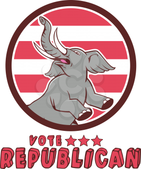 Illustration of a republican elephant mascot of the republican party prancing looking up to the side set inside circle with red stripes in the background done in cartoon style with words Vote Republic