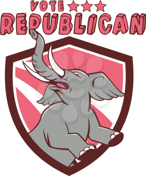 Illustration of a republican elephant mascot of the republican party prancing looking up to the side set inside shield crest with red stripes in the background done in cartoon style with words Vote Re