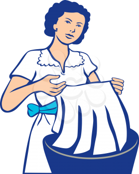 Illustration of a housewife washing laundry in basin viewed from the front set on isolated white background done in retro style. 