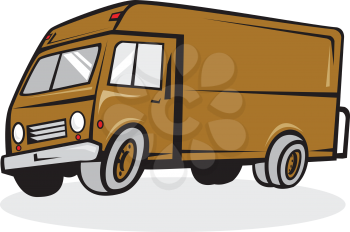 Illustration of a closed delivery van truck viewed from the side set on isolated white background done in retro style. 