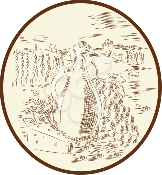 Etching engraving handmade style illustration of an olive oil jar with cheese and grape bunch set against a Tuscan countryside inside circle shape.