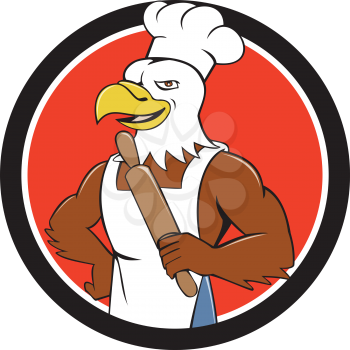 Illustration of a bald eagle baker chef cook holding rolling pin looking to the side  set inside circle done in cartoon style. 