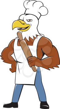 Illustration of a bald eagle baker chef cook standing looking to the side holding rolling pin set on isolated white background done in cartoon style. 