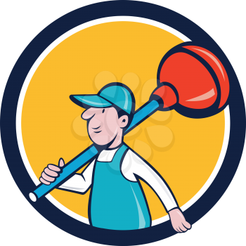 Illustration of a plumber carrying plunger on shoulder walking viewed from the side set inside circle done in cartoon style on isolated background done in cartoon style. 