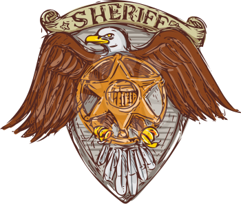 Drawing sketch style illustration of a sheriff badge with american eagle set inside shield on isolated background. 