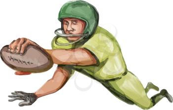 Caricature illustration of an american football player carrying ball doing a touchdown viewed from front set on isolated white background.