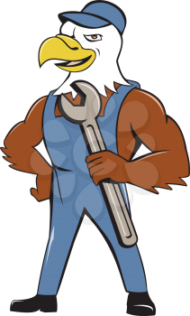 Illustration of a american bald eagle mechanic holding spanner looking to the side with one hand on hips set on isolated white background done in cartoon style. 