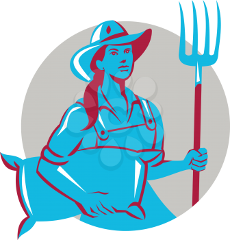 Illustration of a female organic farmer carrying sack and holding pitchfork with hat facing front set inside circle on isolated bakcground done in retro style.