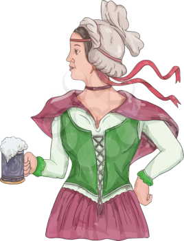 Watercolor style illustration of a German barmaid wearing medieval renaissance costume dress holding a beer mug viewed from side set on isolated white background. 