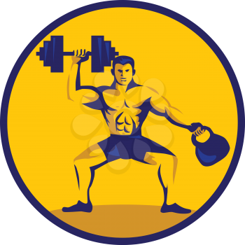 Illustration of an athlete weightlifter lifting kettlebell with one hand and dumbbell on the other hand facing front set inside circle on isolated background done in retro style.