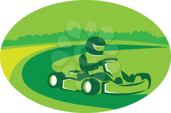 Illustration of a man in a go kart racing set inside oval shape with trees and racing track in the background done in retro style. 