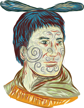 Drawing sketch style illustration of Maori chief warrior chieftain head with tattoos  on face and feather on head set on isolated white background.