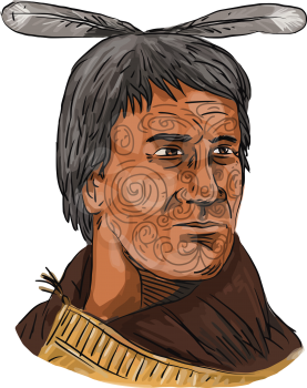 Watercolor style illustration of bust of Maori chief warrior chieftain with tattoos  on face and cape on isolated white background.