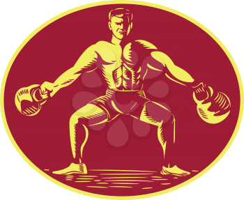 Illustration of an athlete weightlifter lifting kettlebell viewed from front set inside oval shape on isolated background done in retro woodcut style.