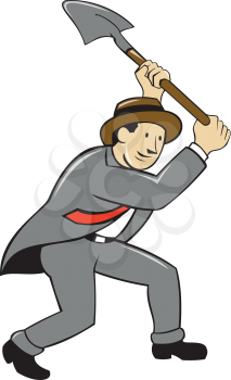 Illustration of a businessman wearing suit and hat holding shovel digging set on isolated white background done in cartoon style. 