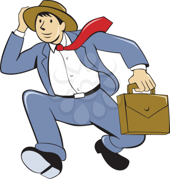 Illustration of a businessman wearing suit, hat and tie carrying bag running set on isolated white background done in cartoon style. 