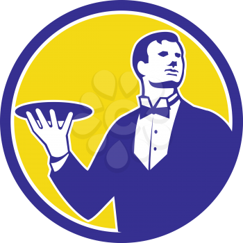 Illustration of a butler holding serving plate looking to the side viewed from front set inside circle on isolated background done in retro style. 