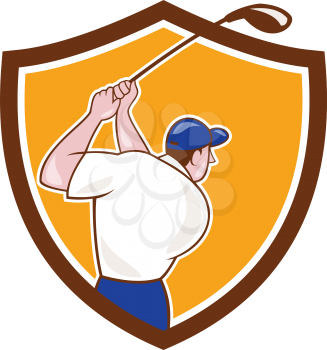 Illustration of a golfer playing golf swinging club tee off viewed from back rear set inside shield crest on isolated background done in cartoon style. 