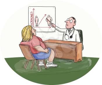 Illustration of an obese woman patient talking to her doctor who is pointing to a chart on the wall done in caricature style. 