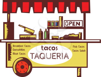Illustration of a taco stand, food stall, food cart, taquera or restaurant that specializes in tacos and other Mexican dishes viewed from front set on isolated white backgound done in retro style. 