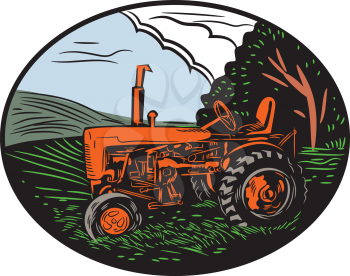 Illustration of a vintage tractor with farm grass tree sky clouds in the background set inside oval shape done in retro woodcut style. 