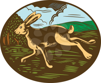 Illustration of a wild hare bunny rabbit running viewed from side with farm trees and mountains in background set inside oval shape done in retro woodcut style. 