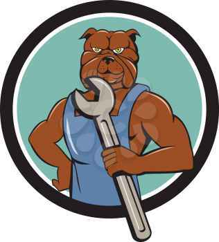 Illustration of a bulldog mechanic wearing overalls holding wrench viewed from  front set inside circle done in cartoon style.
