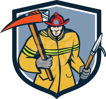 Illustration of a fireman fire fighter emergency worker holding a fire axe and hook viewed from front set inside shield crest on isolated background done in retro style.