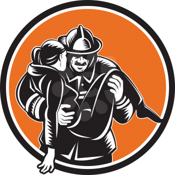 Illustration of a fireman fire fighter emergency worker carrying saving girl running viewed from front set inside circle done in retro woodcut style. 