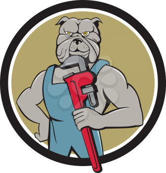 Illustration of a bulldog plumber holding monkey wrench with hand on hips viewed from front set inside circle done in cartoon style.