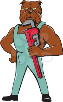 Illustration of a bulldog plumber wearing overalls standing holding monkey wrench with hand on hips viewed from front set on isolated white background done in cartoon style. 
