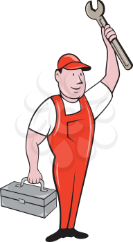 Illustration of a mechanic wearing hat and overalls standing lifting raising up spanner wrench holding toolbox looking to the side viewed from front set on isolated background done in cartoon style. 