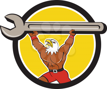 Illustration of a american bald eagle mechanic lifting giant spanner looking up to the side set inside circle on isolated background done in cartoon style. 
