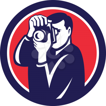 Illustration of a photographer shooting with dslr digital camera set inside circle done in retro style.