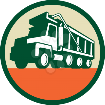 Illustration of a triple axle dump truck viewed from low angle set inside circle done in retro style. 