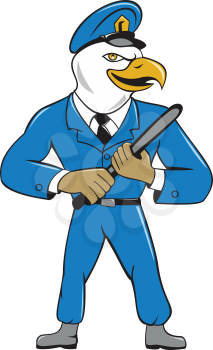 Illustration of an american bald eagle policeman holding baton looking to the side  set on isolated white background done in cartoon style. 