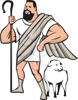 Illustration of a cartoon superhero shepherd holding shepherd's crook and a sheep standing beside looking to the side set on isolated white background done in cartoon style. 