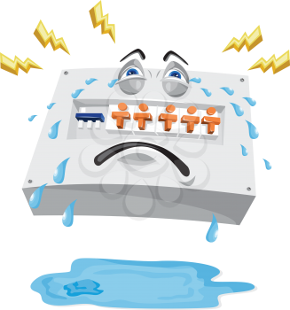 Illustration of an industrial switchboard crying with tears falling and lightning bolts with pool of water on ground viewed from front set on isolated white background done in cartoon style.