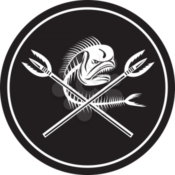 Illustration of a skull of dorado dolphin fish, mahi mahi or mahi-mahi with crossed primitive spearfishing spear set inside circle on isolated background done in retro style. 