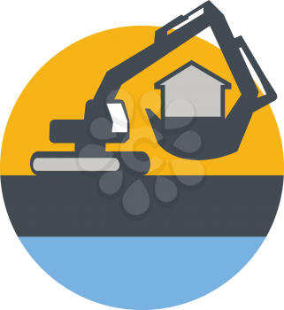 Illustration of a construction excavator mechanical digger handling house inside the digging bucket set inside circle done in retro style.