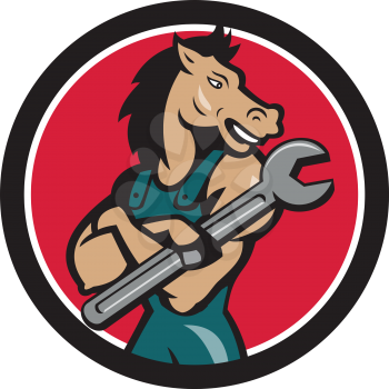 Illustration of a horse mechanic with arms crossed holding spanner looking to the side set inside circle on isolated background done in cartoon style. 