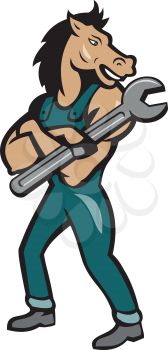 Illustration of a horse mechanic standing with arms crossed holding spanner looking to the side set on isolated white background done in cartoon style. 