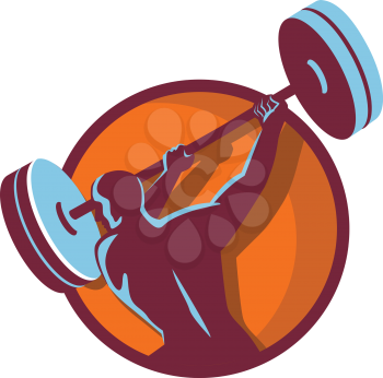 Illustration of a weightlifter lifting swinging barbell with both hands looking to the side viewed from rear set inside circle on isolated background done in retro style.