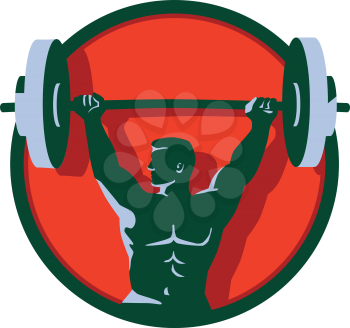 Illustration of a weightlifter lifting barbell weights with both hands looking to the side viewed from front set inside circle done in retro style. 