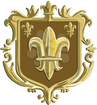 Illustration of a fleur-de-lis,  fleur-de-lys or  flower of the lily depicting a stylized lily or lotus flower inside a crest shield coat of arms done in retro style.