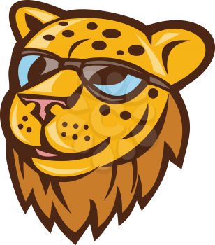 Illustration of a cheetah head smiling wearing sunglasses viewed from front set on isolated background done in cartoon style. 