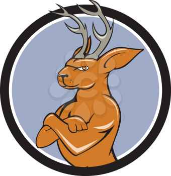 Illustration of a jackalope, a mythical animal of North American folklore described as a jackrabbit with antelope horns or deer antlers with arms crossed viewed from the side set inside circle done in